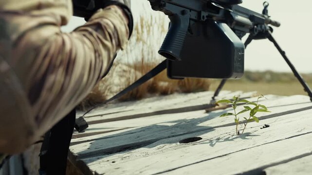 Close-up side view of soldier in camouflage tactical gear reloading and aiming heavy machine gun with optical sight in open field combat position. Military warfare concept for defense,