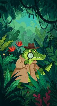 A clever alligator detective, in a trench coat and fedora, meticulously explores a vibrant jungle with a magnifying glass, searching for hidden clues and mysteries