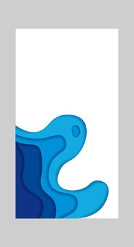 Modern blue paper cut vertical background with layered abstract wave shapes and clean geometric composition. Elegant papercraft style template perfect for posters, banners, social media stories