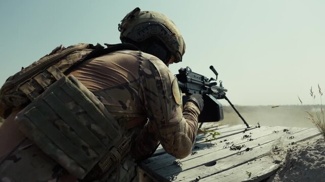 Low angle close-up of soldier in full camouflage tactical gear and helmet firing machine gun with automatic fire from combat position in open field. Military warfare concept for defense, armed forces 