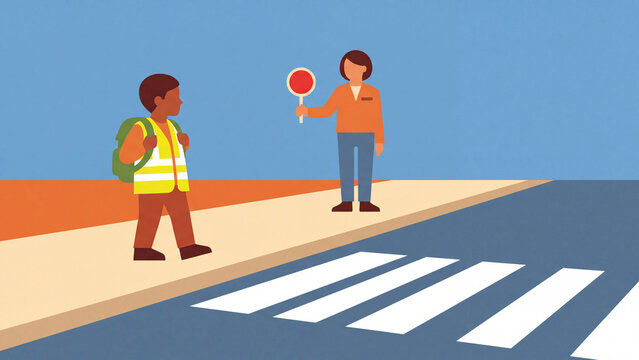 Schoolchild in a reflective safety vest and crossing guard with stop paddle at a crosswalk