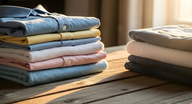 Neatly folded stack of colorful casual shirts and towels on a wooden table, natural light.