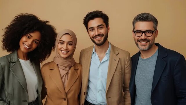 Diverse Smiling Professional Group Portrait Posing in Neutral Studio Office Setting