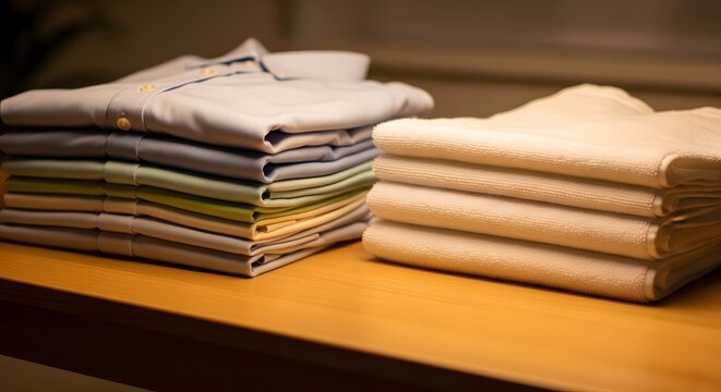 Neatly folded stack of light blue dress shirts and white towels on a wooden surface