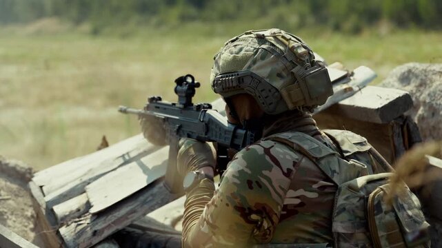 Close-up of armed soldier in full camouflage tactical gear and helmet firing assault rifle from concrete trench position in open field. Military warfare concept for defense, conflict and editorial use