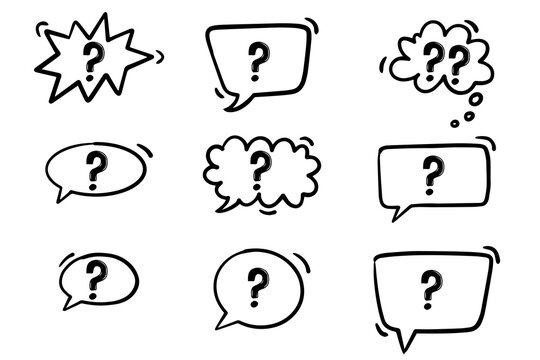 Hand drawn question marks inside speech bubbles in doodle style, isolated on a white background. Creative communication and inquiry symbols ideal for FAQ sections, customer support, online chat