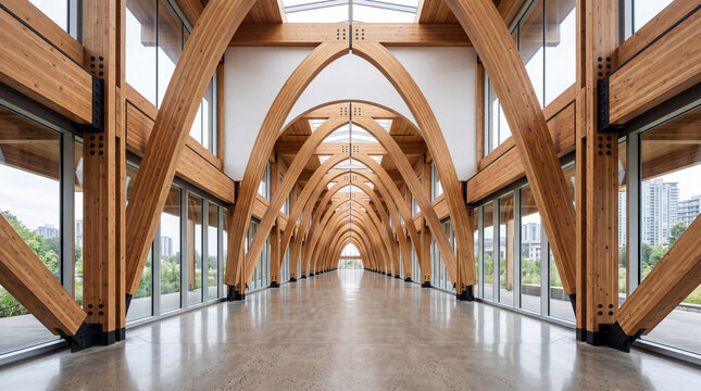 Modern Architectural Grand Hall with Soaring Arched Wooden Glulam Trusses