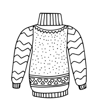 Hand drawn doodle set of ugly Christmas sweaters, pullovers, and jumpers in line art style, perfect for festive clothing design, holiday cards, and coloring books.