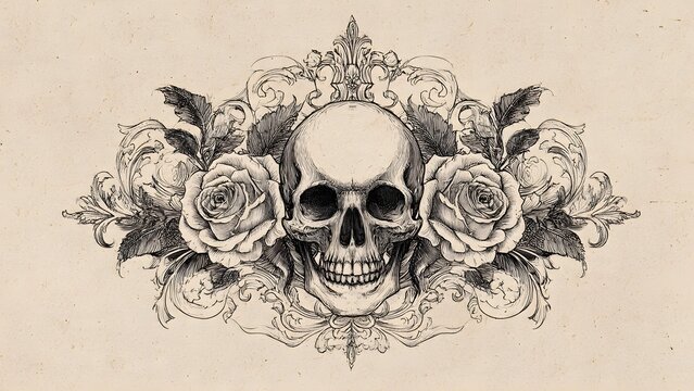 Vintage Gothic Illustration of a Human Skull Surrounded by Elegant Roses and Ornate Baroque Floral Scrolls on Parchment