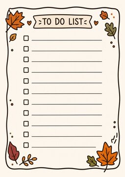 Hand-drawn autumn to-do list planner template featuring a clean checklist layout surrounded by colorful fall leaves and botanical accents. Cozy seasonal design with ample writing space for daily tasks