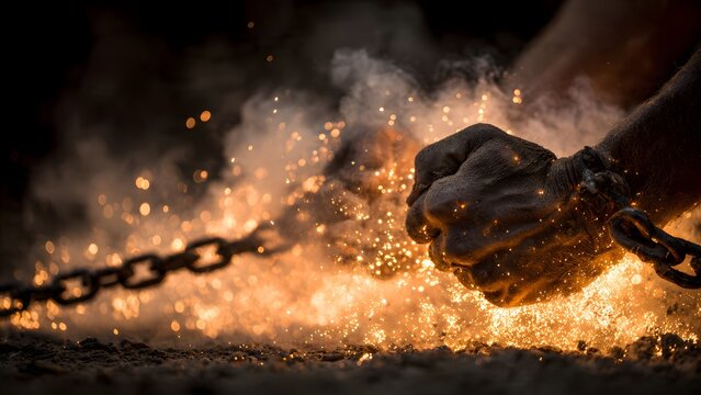 Powerful image of hands breaking heavy metal chains with explosive sparks and smoke symbolizing ultimate freedom and liberation from bondage