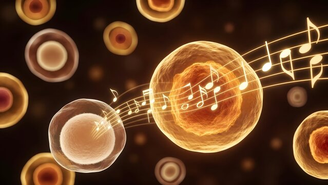 Pancreatic cells like a golden orchestra, each cell releasing insulin as musical notes of light