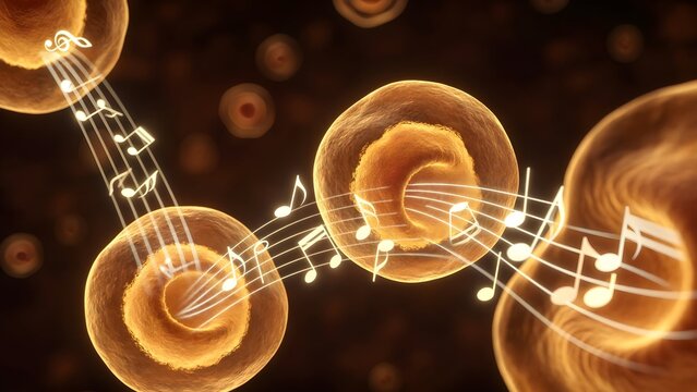 Pancreatic cells like a golden orchestra, each cell releasing insulin as musical notes of light