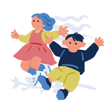 子育てメディア向け：腕を広げてジャンプする2人の子供のイラスト