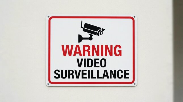Warning video surveillance sign mounted on white exterior wall featuring red border and bold black lettering showing clear notice for public safety and security measures