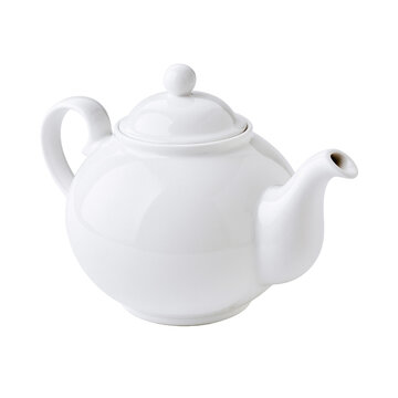 White Glossy Ceramic Teapot for Hot Tea Beverage Isolated on White Background