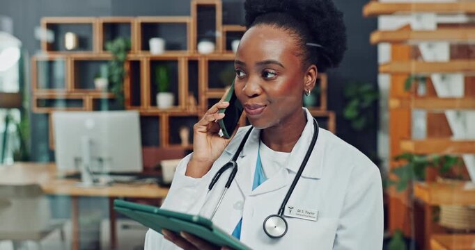 Phone call, tablet and doctor in office for contact, feedback and medication order for clinic. Healthcare, communication and black woman on tech for talking, update and website for medical admin