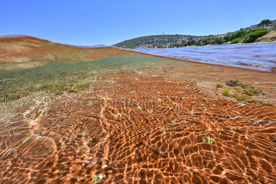 Split level underwater image of red rocks, Karfas, Chios Island, Greece 