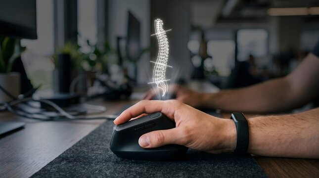 Hand holding ergonomic computer mouse with holographic interface