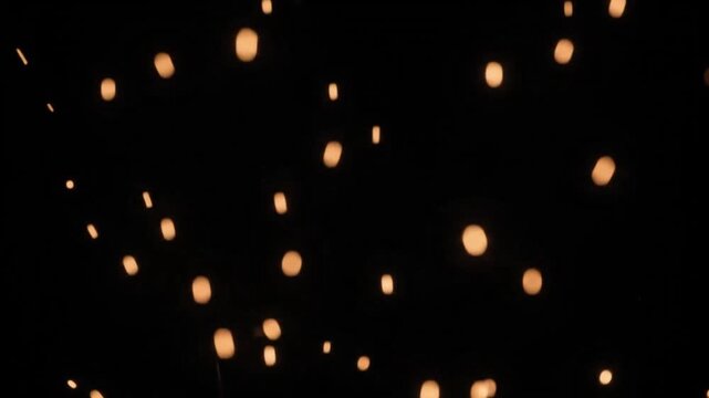 Glowing orange embers drift and float upward into the night sky against total darkness.