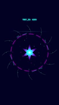 Neon purple hexagram star with digital HUD elements.