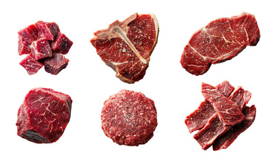 Obraz premium Photo of beef cuts, set of raw pieces of red meat isolated on white or transparent background, png cut out