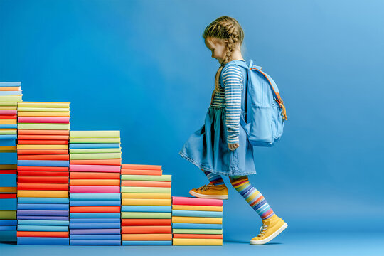 Young schoolgirl climbing stairs with steps made of colorful books, back to school, girls education and literacy day concept