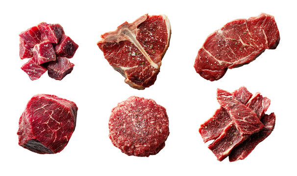 Photo of beef cuts, set of raw pieces of red meat isolated on white or transparent background, png cut out