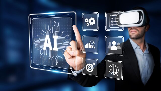 A business professional utilizes virtual reality technology to engage with a futuristic interface, exploring artificial intelligence and data visualization for enhanced productivity. Raster