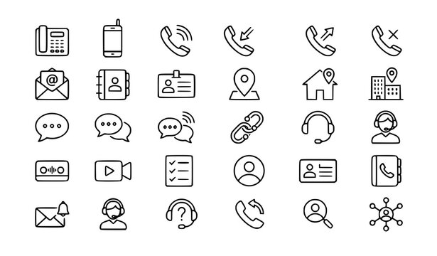 Contact and Communication Thin Line Icon Set for Phone Email Address Calls Messages and Support