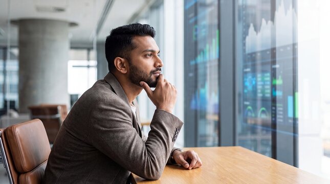 Business analyst thinking dashboard executive office data strategy professional seated A thoughtful South Asian consultant sits at a conference table beside transparent performance charts for ads
