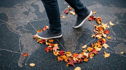 Plakat Person walking on world map pavement with autumn leaves in heart shape, celebrating the first day of fall and global wanderlust.