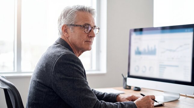 Senior businessman monitor data charts office analyst professional seated glasses An older man turns from a desktop dashboard while taking notes at a bright workplace desk for business communications