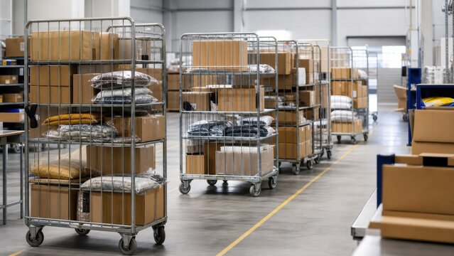 Time-sensitive plain orders staged in small rolling racks for same-day dispatch, useful commercial concept with generous copy space