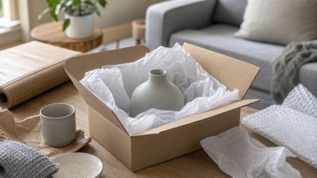 Generic unwanted gift being repacked carefully for return, ideal for online retail logistics, resale and sustainable delivery systems