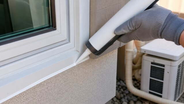 Gloved hand sealing a sun exposed window frame with caulk, ideal for air leakage repair, cooling efficiency and renovation