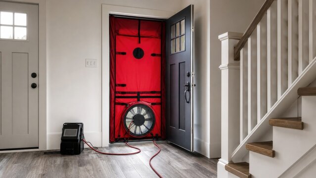Professional blower door equipment installed for a residential energy audit, ideal for air leakage testing and home efficiency