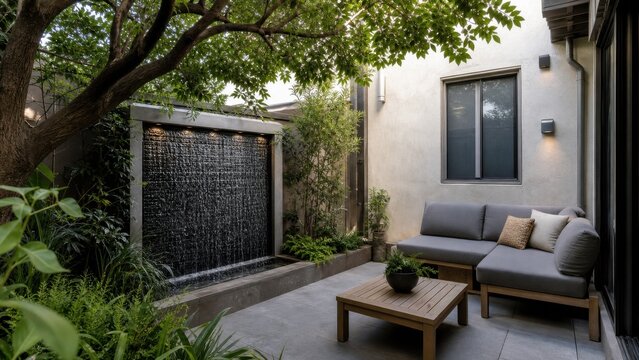 Shaded courtyard cooled by a small recirculating water wall and plants, ideal for passive cooling and hot climate architecture