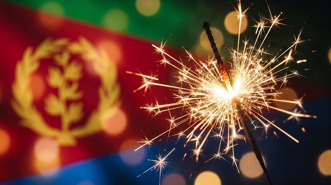 Burning sparkler firework over Eritrea flag background with warm golden bokeh lights and holiday celebration