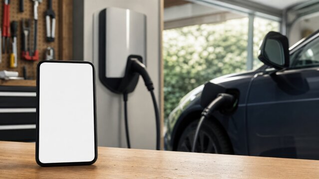 Blank smartphone beside a connected home EV charger suggesting scheduled charging, for electric homes, vehicle charging and grid resilience