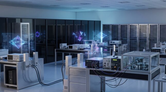 Futuristic supercomputer and quantum computing laboratory facility with complex servers, glowing digital interfaces, and advanced technological hardware.