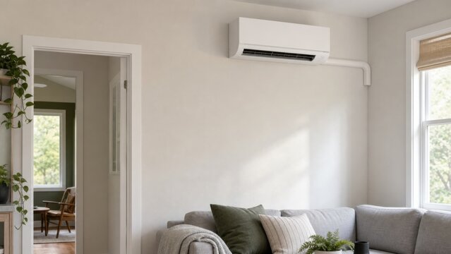 Ductless heat-pump indoor unit in a modest renovated living room, ideal for electric homes, vehicle charging and grid resilience