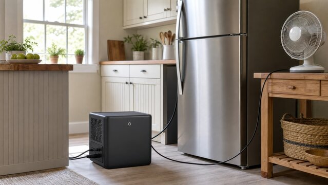 Portable home battery powering a refrigerator and small fan during a planned outage, useful commercial concept with generous copy space