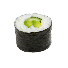 Freshly prepared single avocado and cucumber sushi roll, a healthy Japanese maki isolated on a clean white background © Chinases