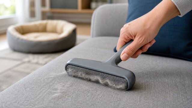 Handheld upholstery vacuum removing pet hair from a sofa, ideal for dander control, household cleaning and healthy indoor air