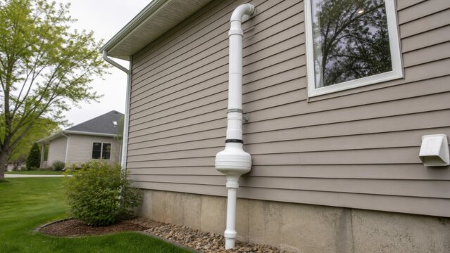 Exterior radon mitigation pipe and fan mounted along a suburban house, ideal for indoor air safety and residential gas control