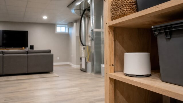 Passive radon test device placed on a clean basement shelf, ideal for home inspection, indoor air safety and gas monitoring
