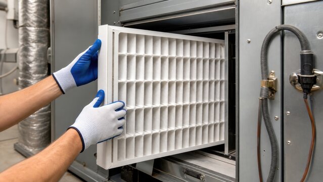 Gloved hands replacing a large pleated HVAC filter in a school system, ideal for facility maintenance and classroom air quality