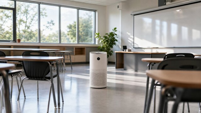 Portable air purifier positioned between desks in a bright empty classroom, ideal for school ventilation and indoor air quality