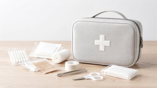 Gray soft first aid kit with white cross and assorted medical supplies laid out on a wooden surface